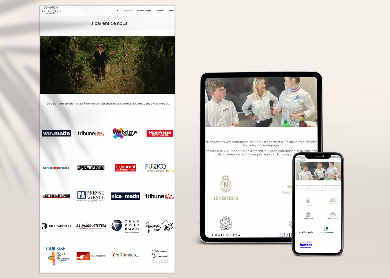 Mockup pour la création de 2 pages pour le site web pour le Comptoir de la Rose - Pierre Fayard