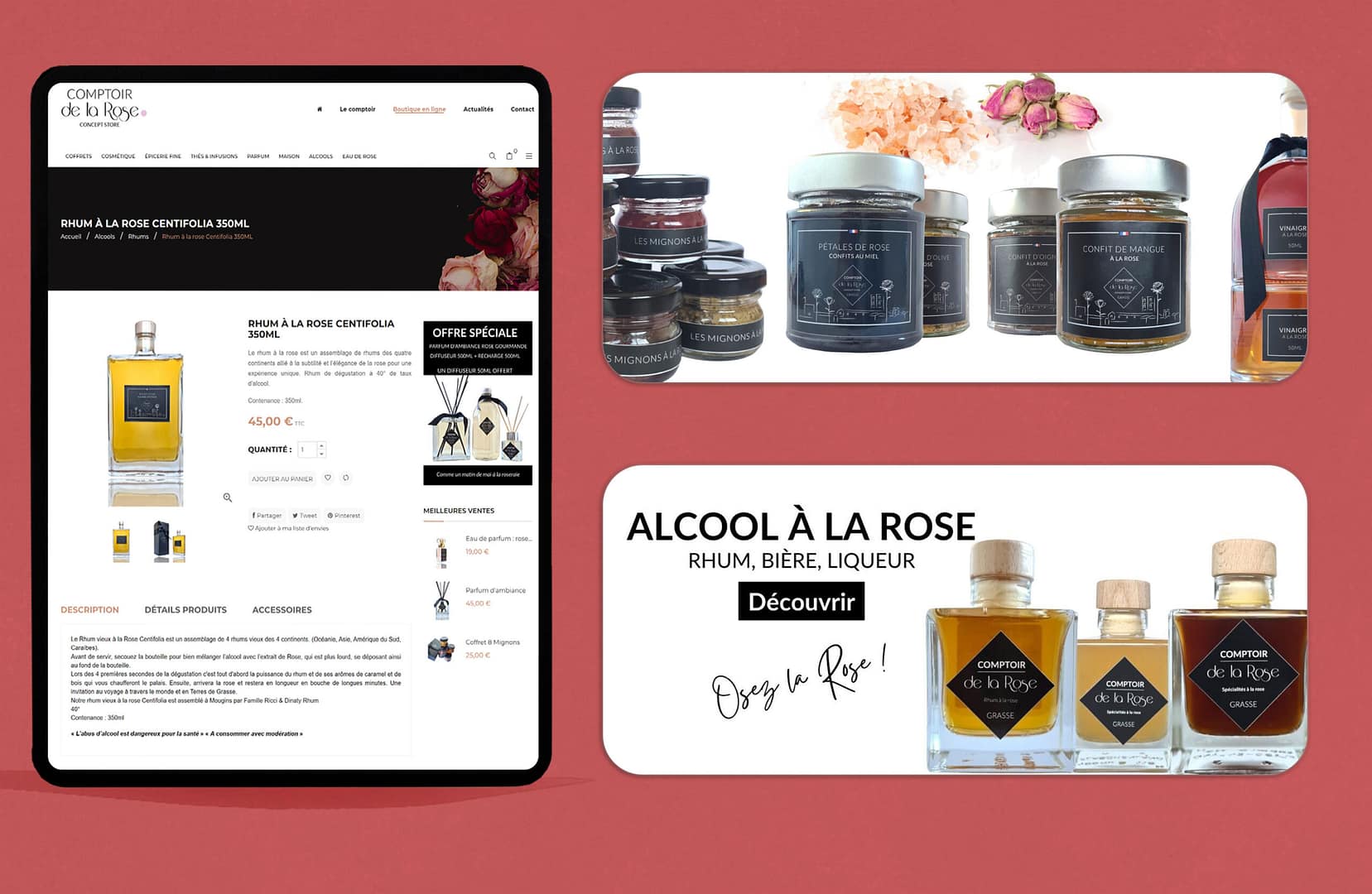 Mockup de visuels et fiche produit pour le Comptoir de la Rose - Pierre Fayard