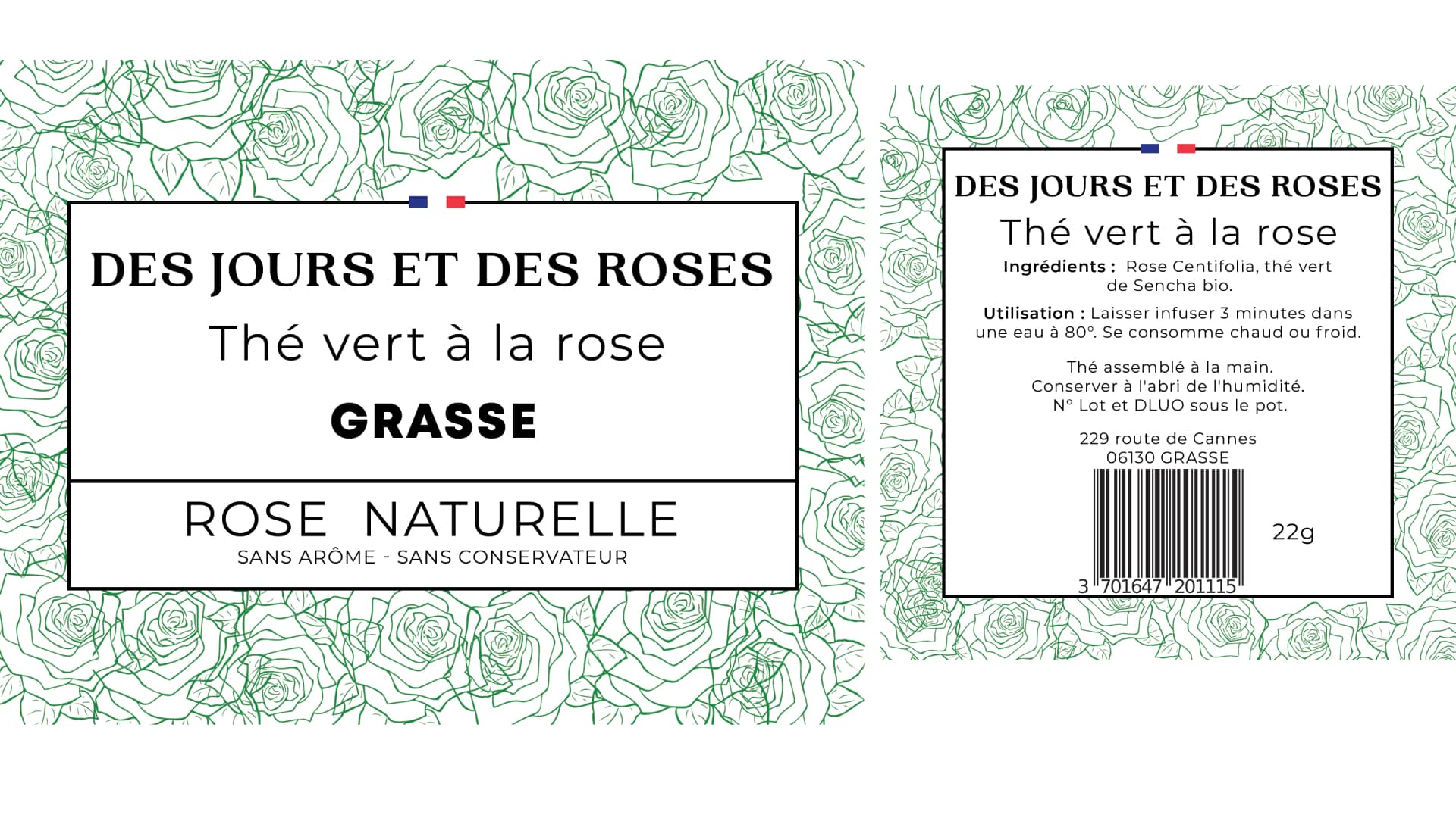 Étiquette et contre-étiquette Des Jours et des Roses du Thé vert à la rose designées par Pierre Fayard