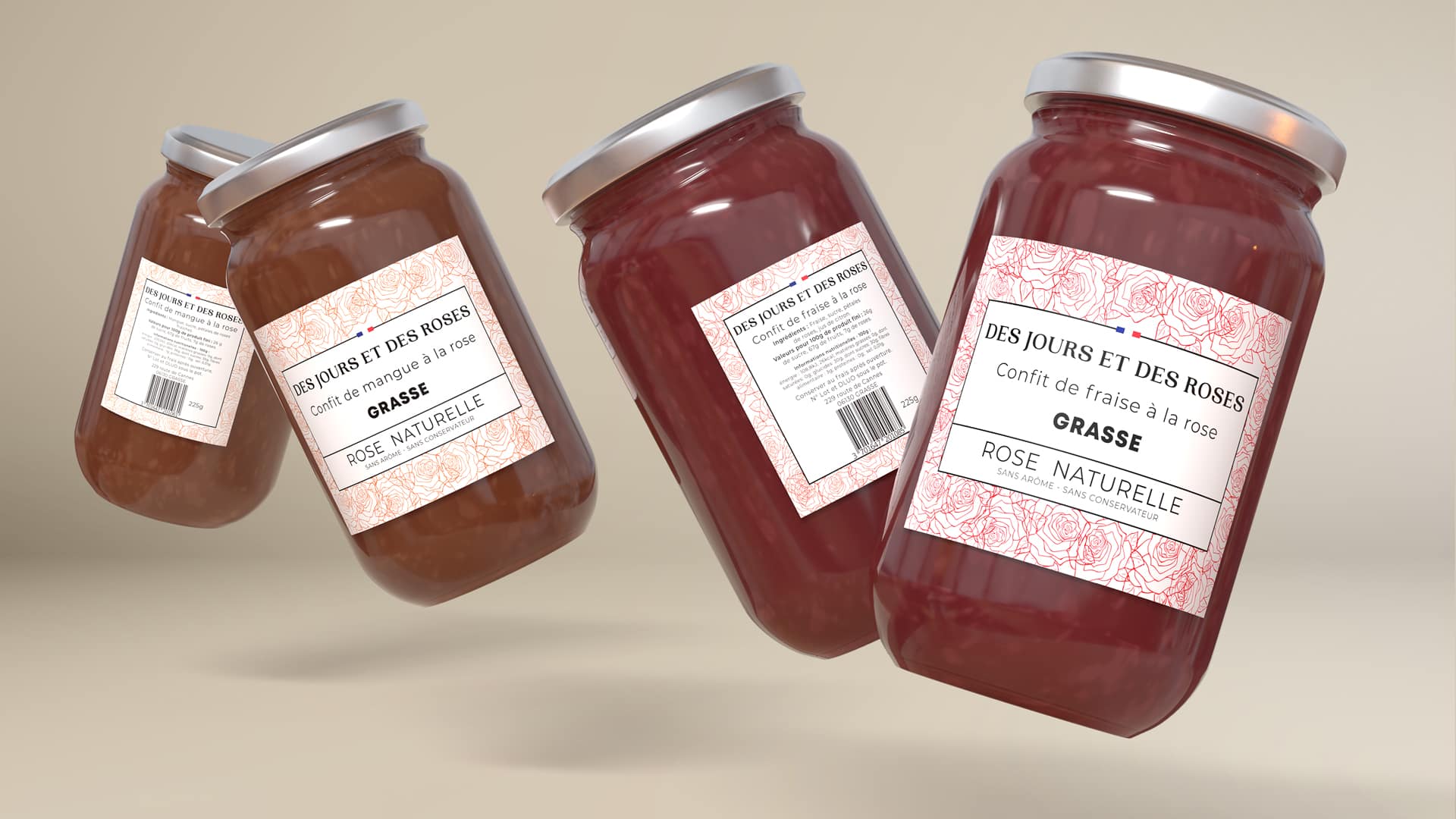 Mockup 3D des étiquettes Des Jours et des Roses des confits de fraise et mangue à la rose par Pierre Fayard