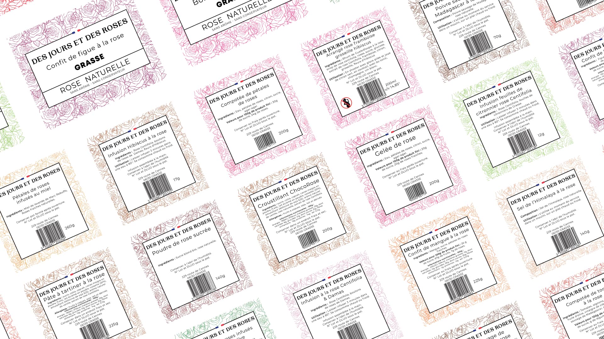 Slide 1 de présentation des contre-étiquettes Des Jours et des Roses BY Comptoir de la Rose designées par Pierre Fayard