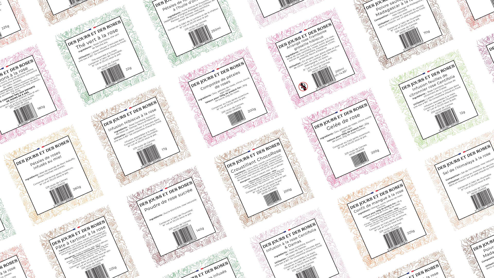 Slide 2 de présentation des contre-étiquettes Des Jours et des Roses BY Comptoir de la Rose designées par Pierre Fayard