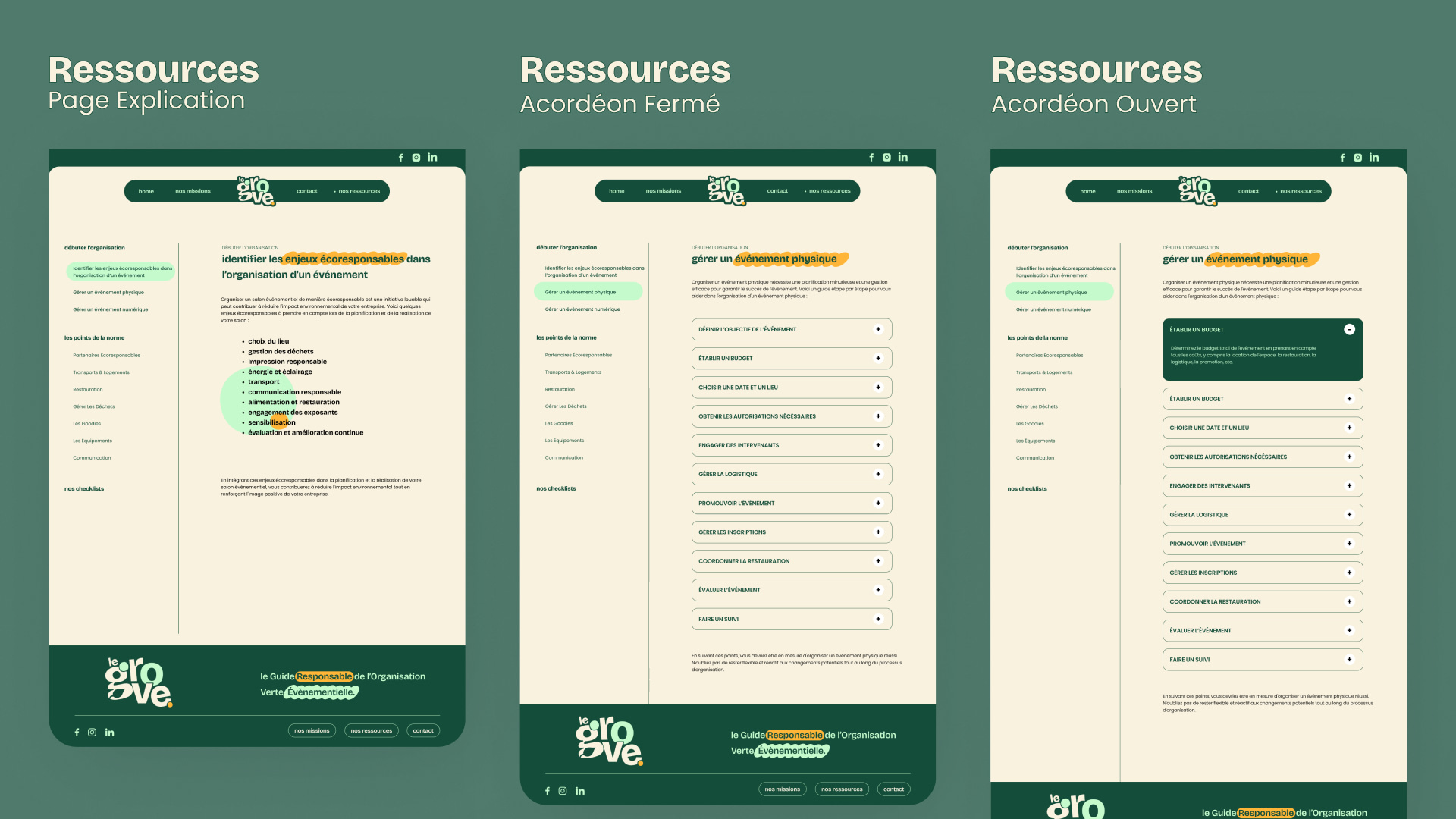 3 pages du projet Le Grove au hackathon Reboot 2023 par Pierre Fayard