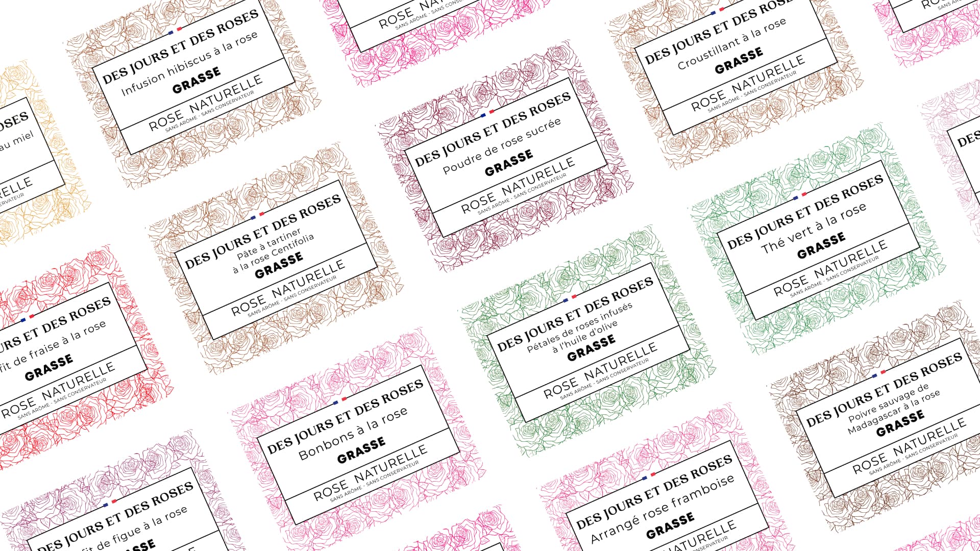Slide 1 de présentation des étiquettes Des Jours et des Roses BY Comptoir de la Rose designées par Pierre Fayard